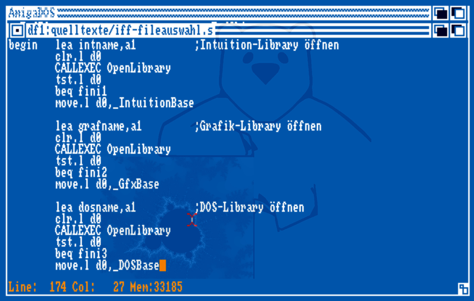 HiSoft DevPac Assembler 2.14D - Der Editor mit geöffneten Quellcode - Aus: Programmieren in Maschinensprache (Markt & Technik)